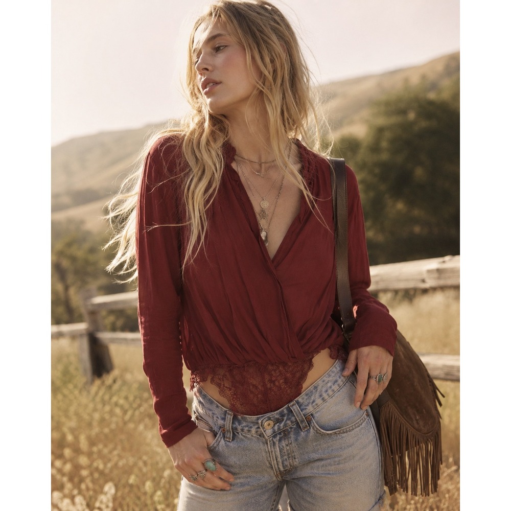 Intimately Free People Burgundy Lace Wrap Bodysuit Long Sleeve Wine Red Large